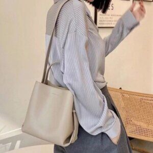 Baginning Genuine Leather Minimalist Bucket Bag Beige Top Handle Crossbody NWOT